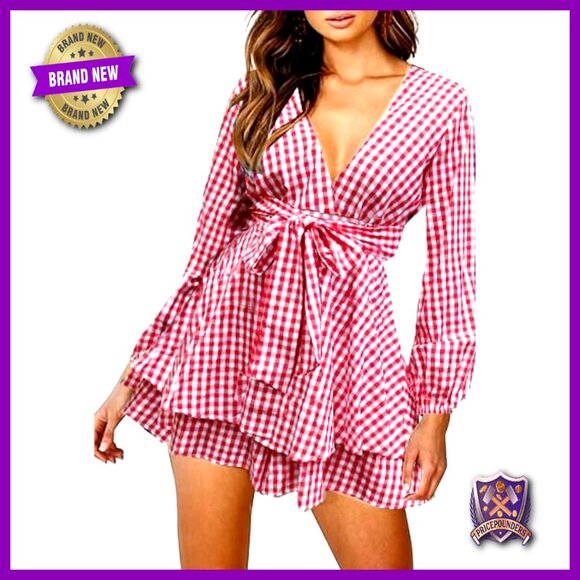 Floral Print Romper V Neck Long Sleeve Ruffle Hem Jumpsuit Summer Casual